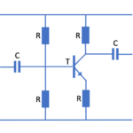 Figure 14.10. Single-stage transistor amplifier circuit, giving an inverted signal output (C = capacitor; R = resistor; T = transistor)